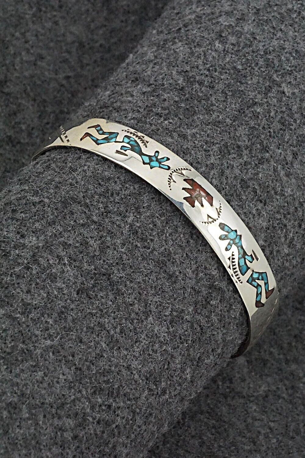 Turquoise, Coral Chip Inlay & Sterling Silver Bracelet - Joleen Yazzie