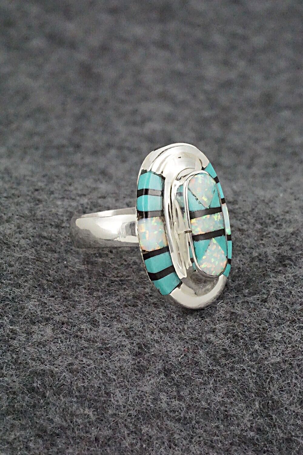 Turquoise, Onyx, Opalite & Sterling Silver Ring - Ophelia Panteah - Sz. 7