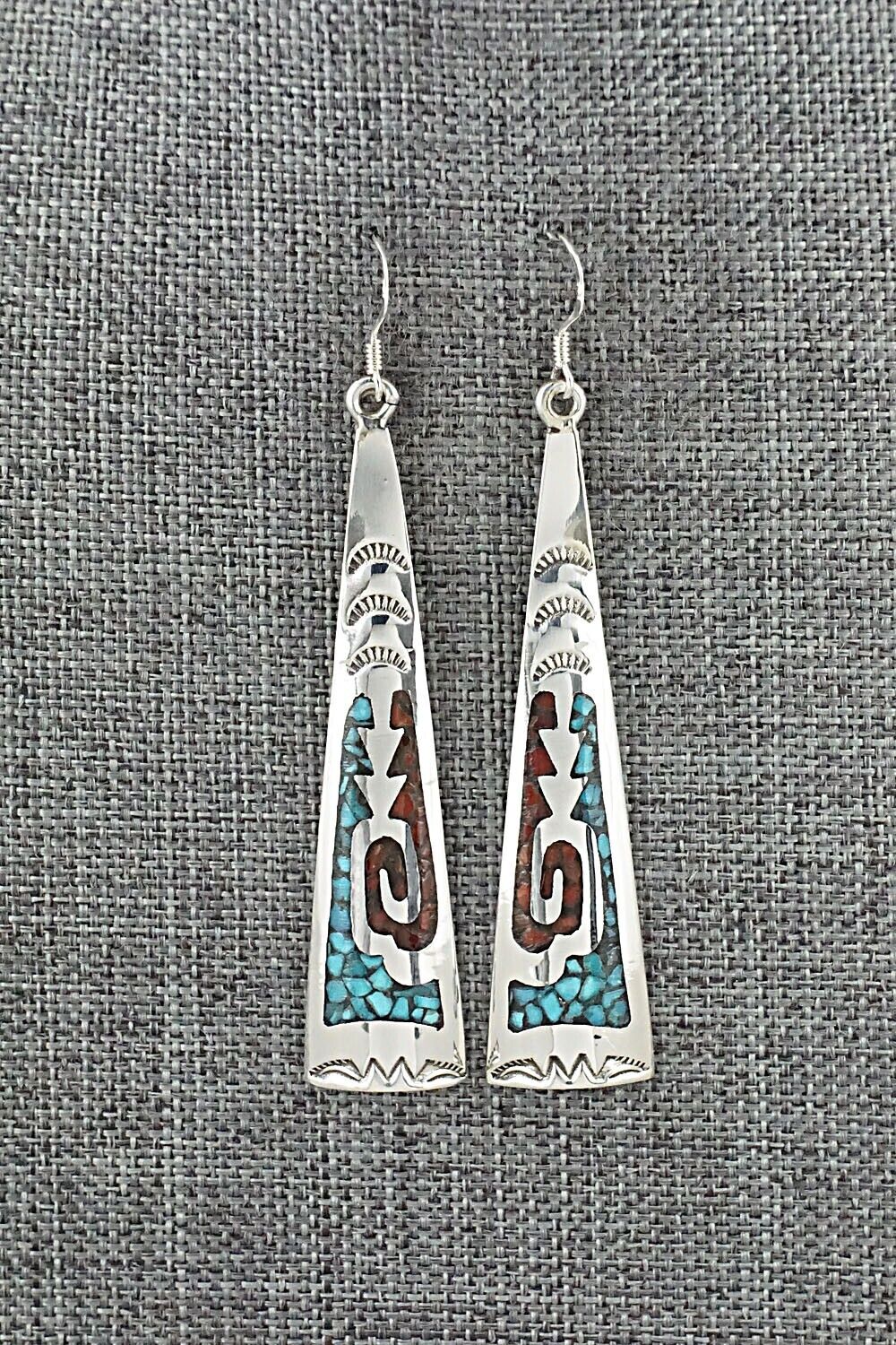 Turquoise, Coral & Sterling Silver Earrings - Jolene Yazzie