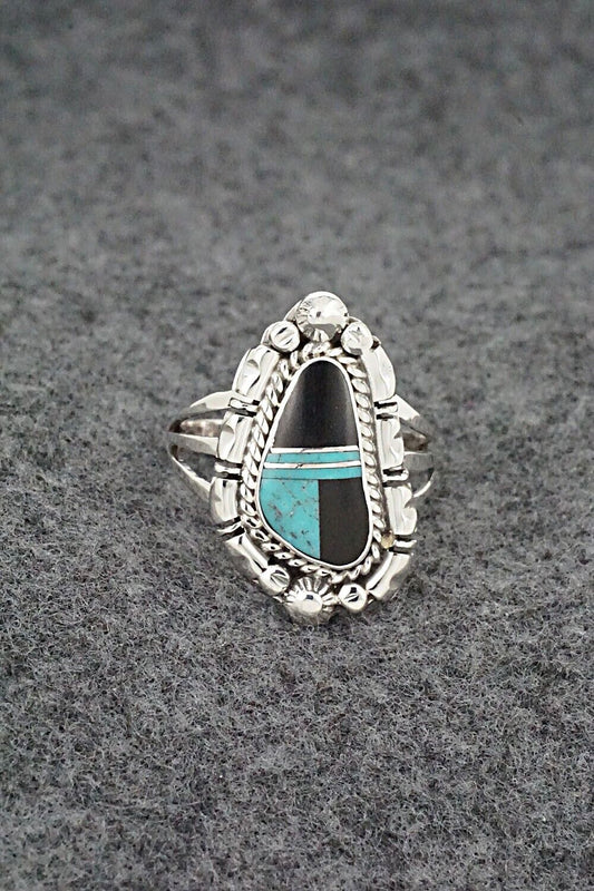 Turquoise, Onyx & Sterling Silver Ring - James Manygoats - Size 9.5