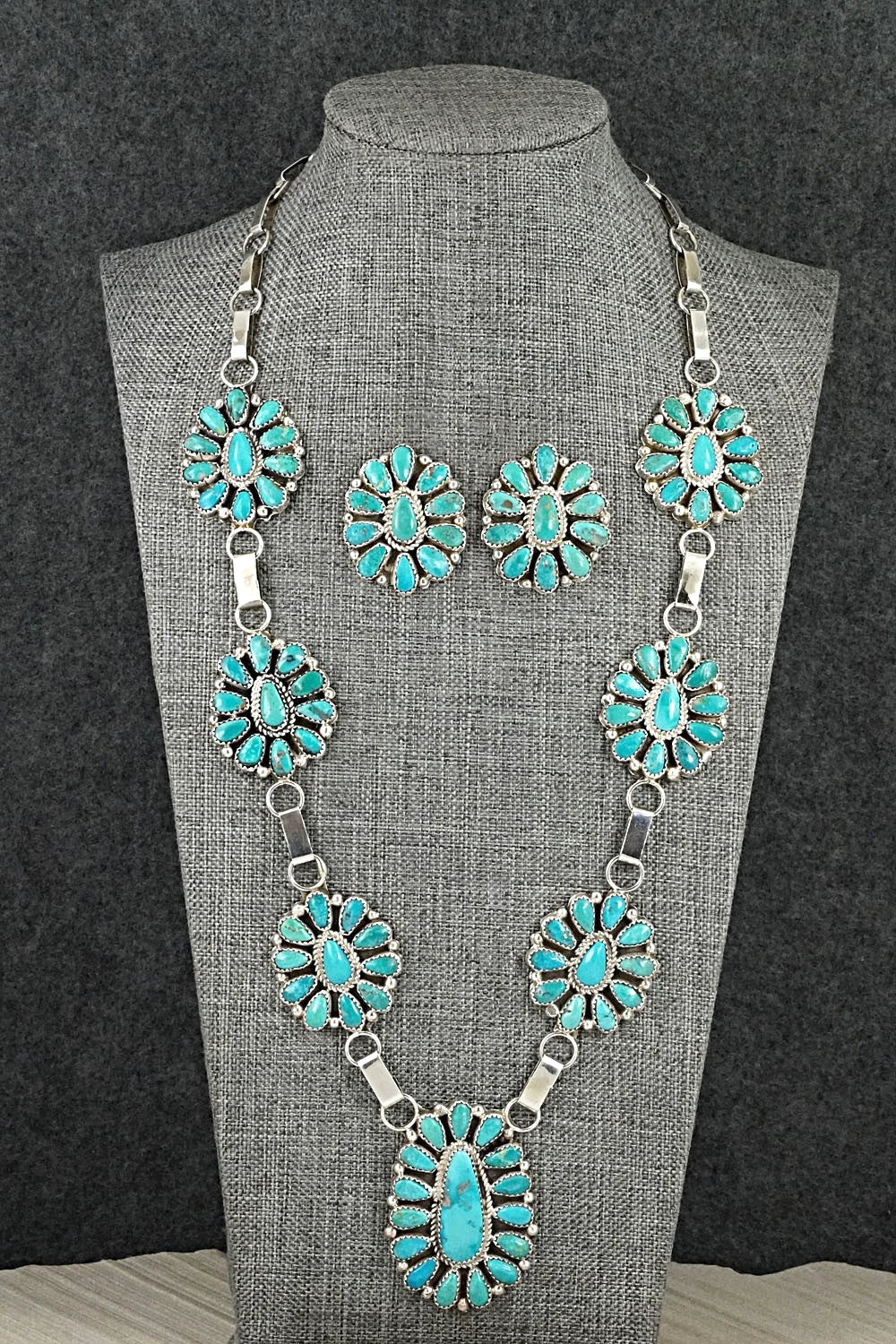 Turquoise & Sterling Silver Necklace and Earrings Set - Eunice Wilson