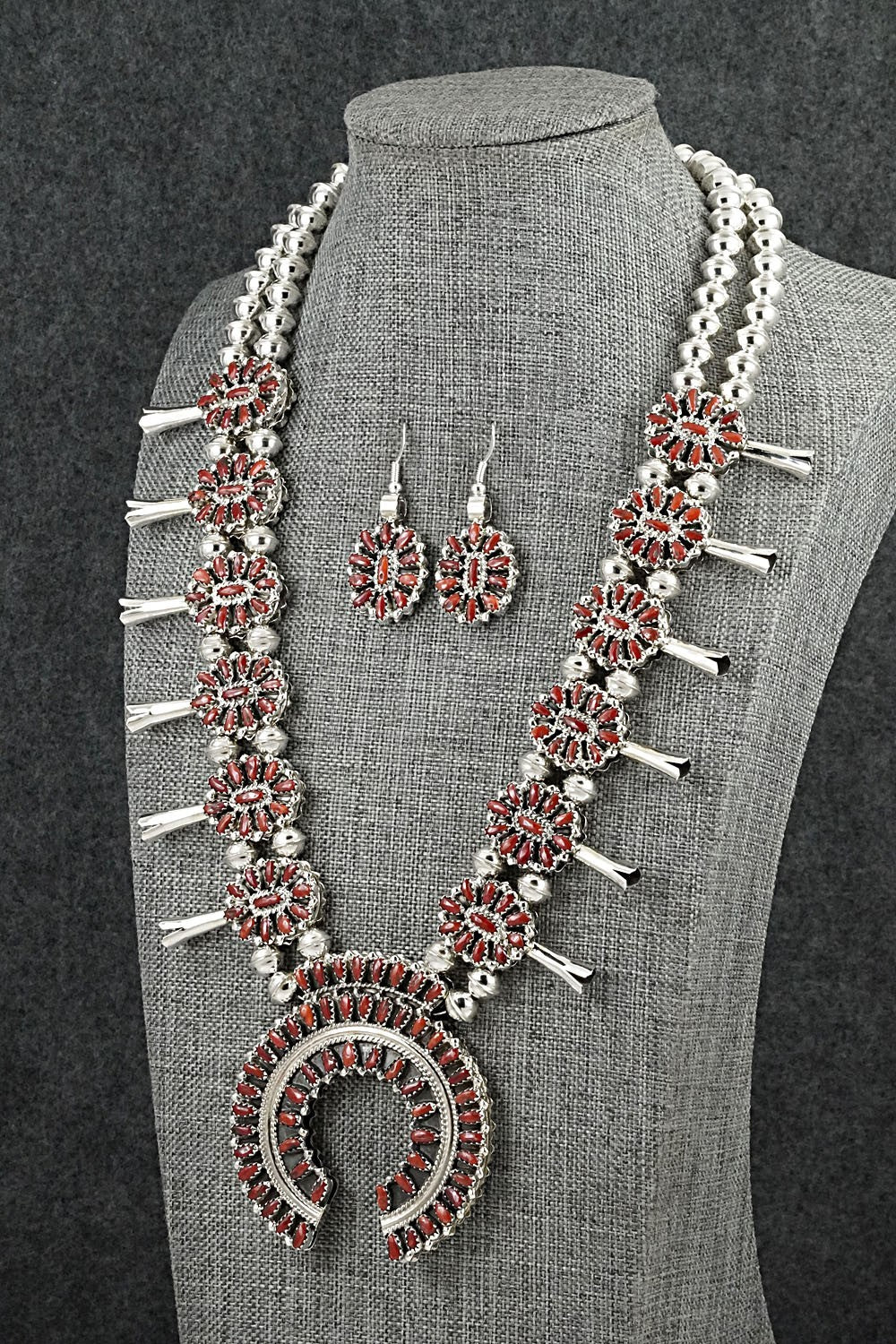 Turquoise, Coral & Sterling Silver Reversible Squash Blossom Set - Elton James
