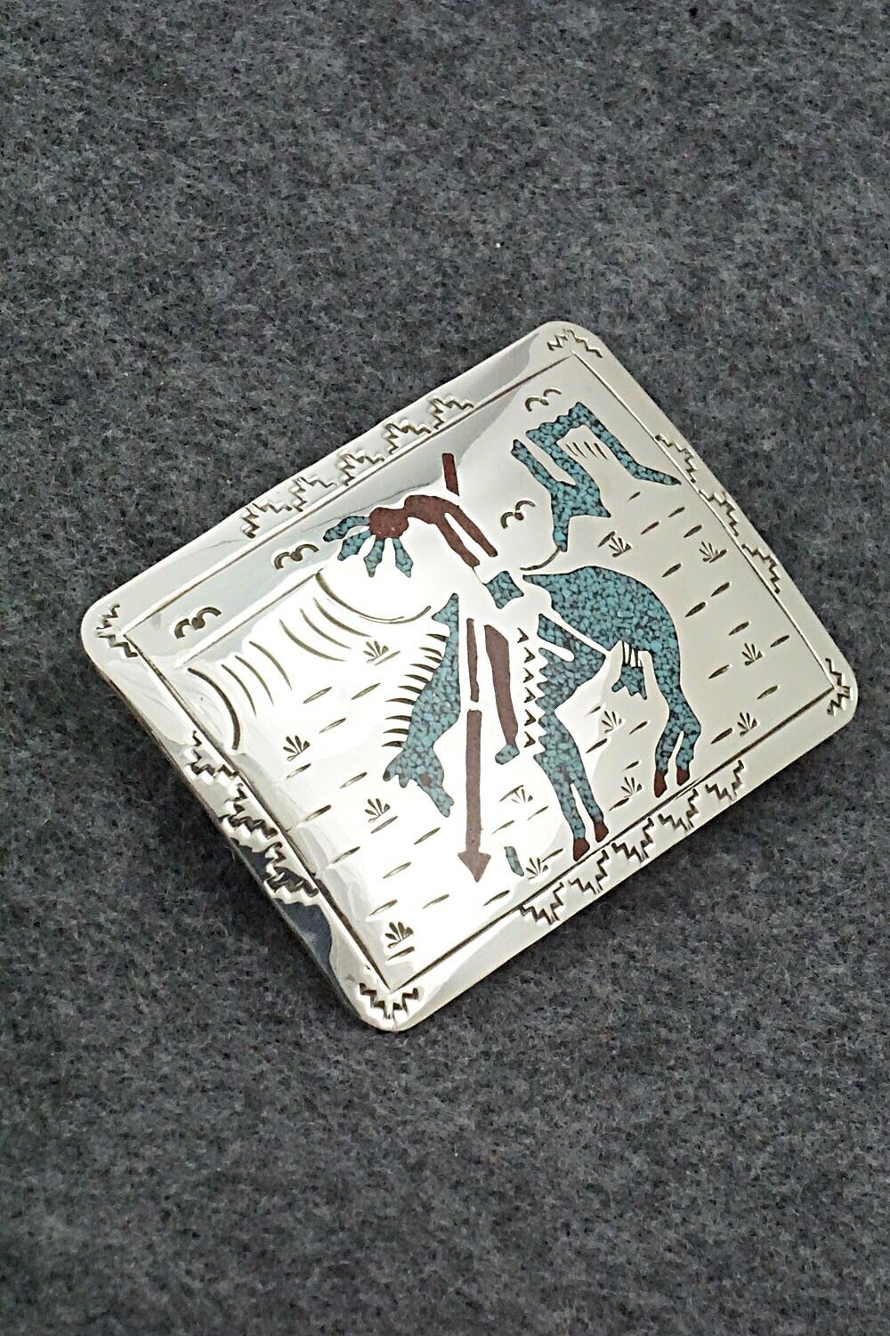 Turquoise, Coral Chip Inlay & Sterling Silver Belt Buckle - Raymond Begay