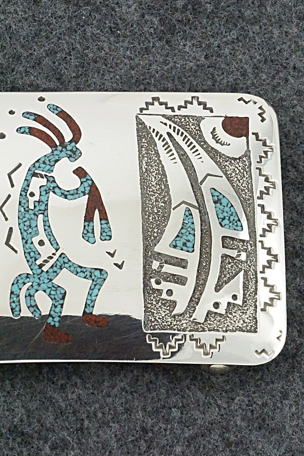 Turquoise, Coral Chip Inlay & Sterling Silver Belt Buckle - Raymond Begay
