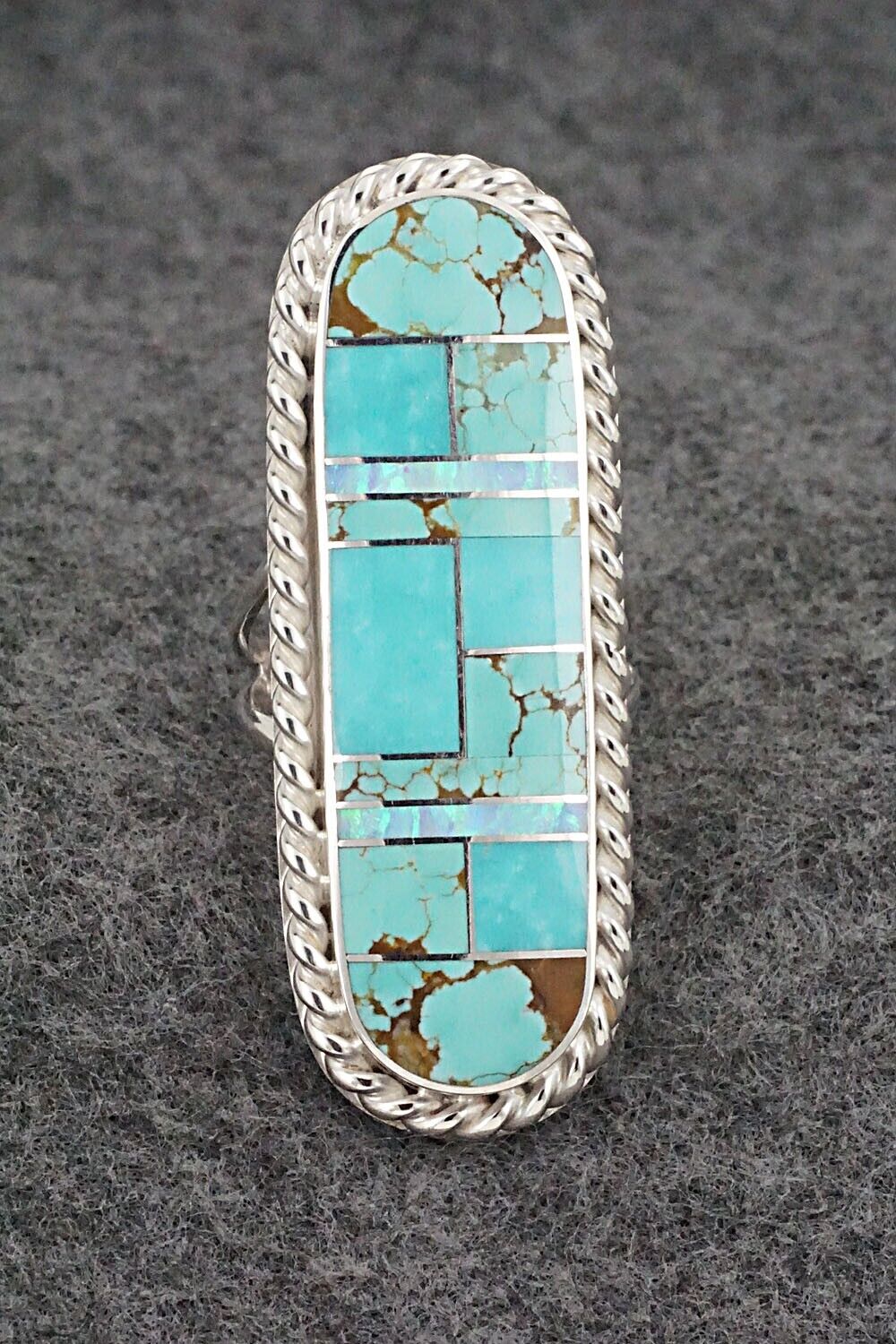 Turquoise, Opalite & Sterling Silver Inlay Ring - Curtis Manygoats - Size 7.5