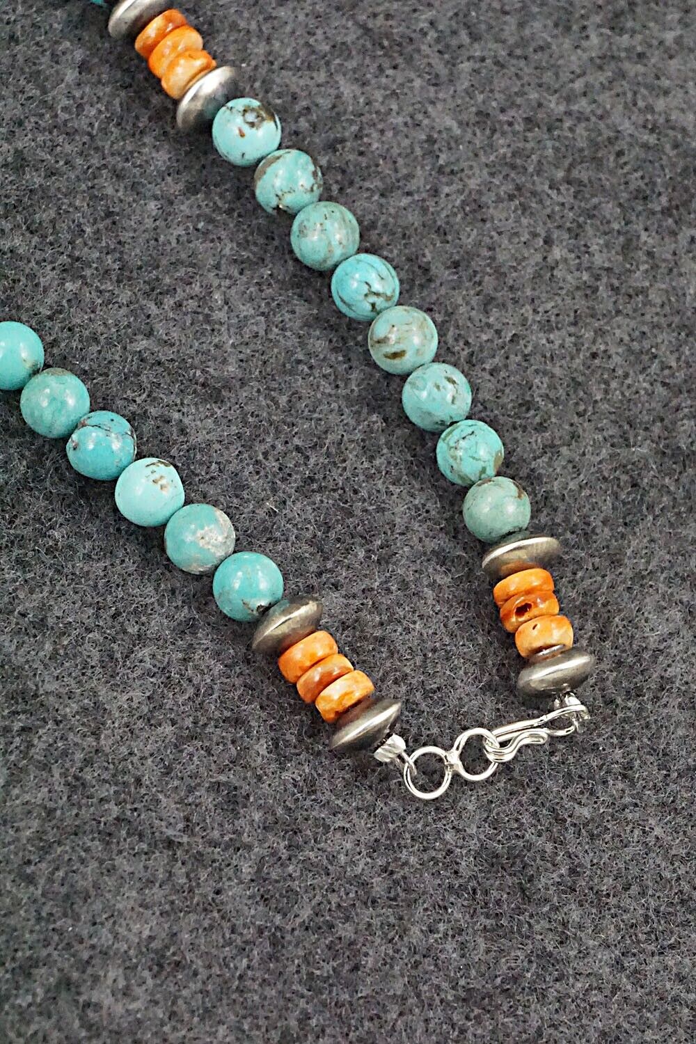 Turquoise, Spiny Oyster & Sterling Silver Necklace 20" - Doreen Jake