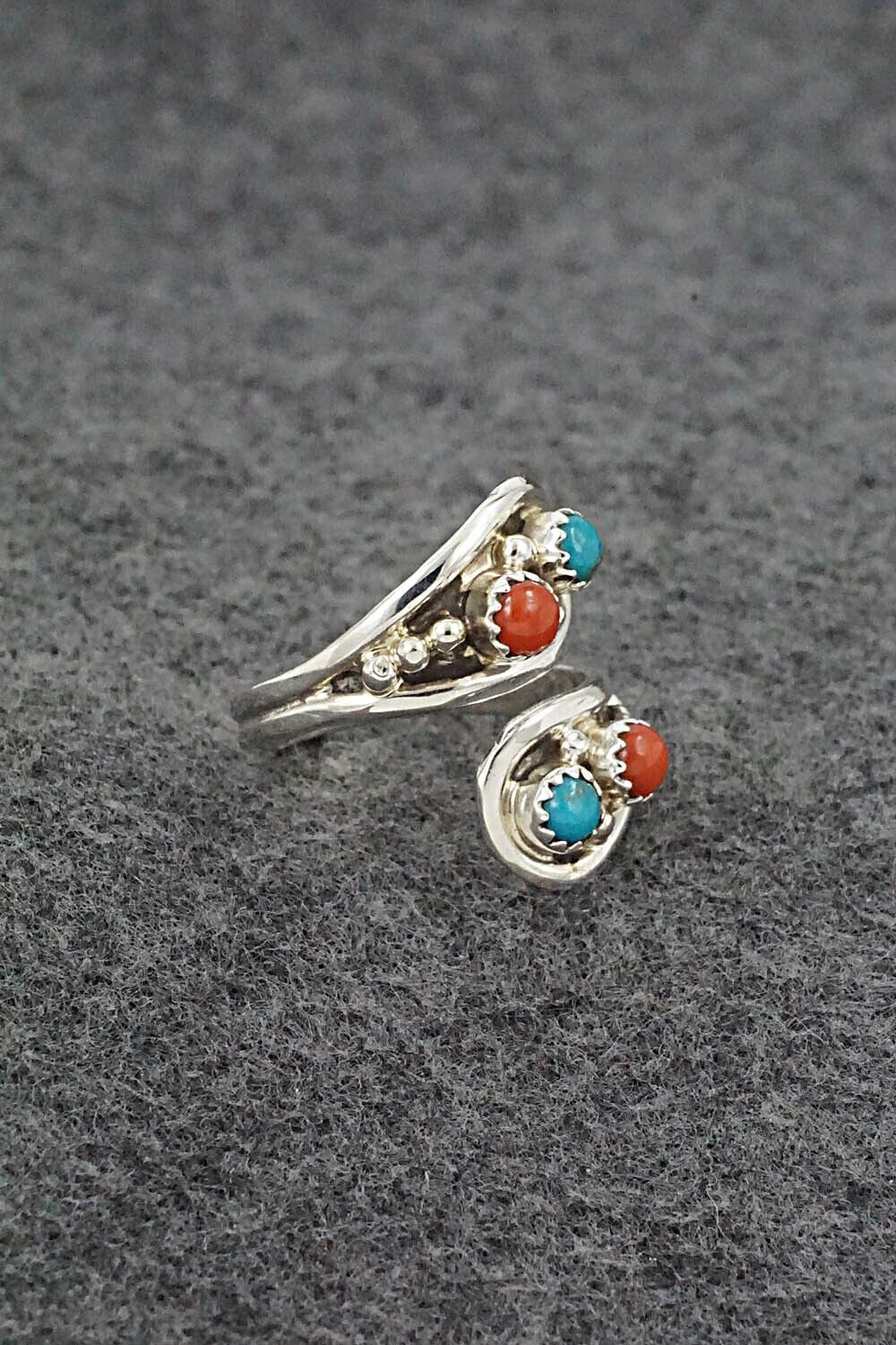 Turquoise, Coral & Sterling Silver Ring - Genevieve Francisco - Size 8