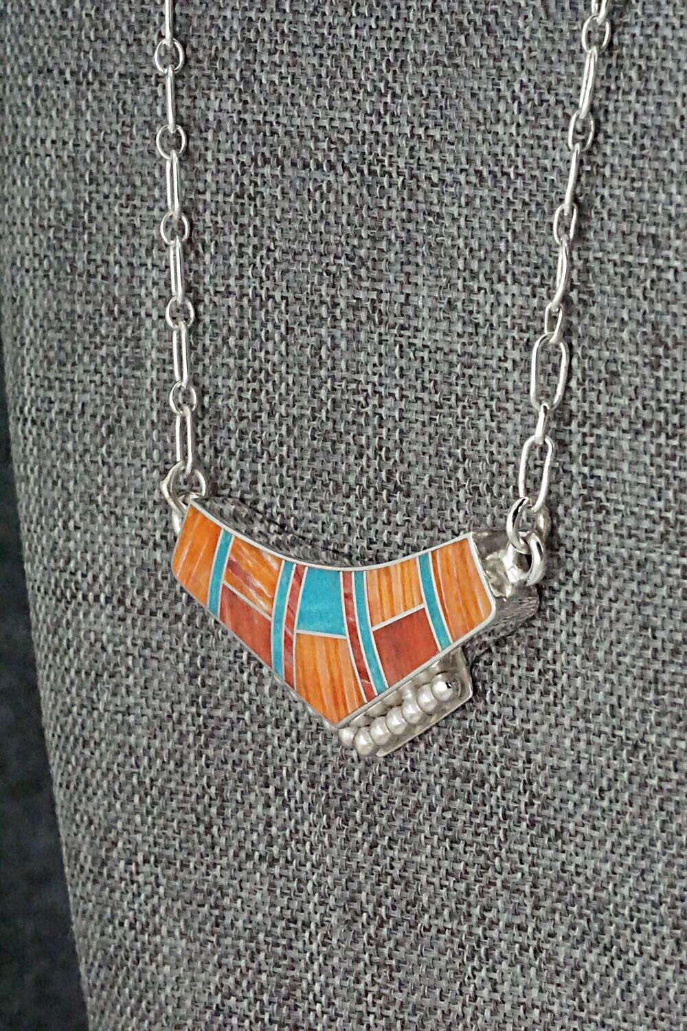 Turquoise, Spiny Oyster & Sterling Silver Inlay Necklace - Curtis Manygoats