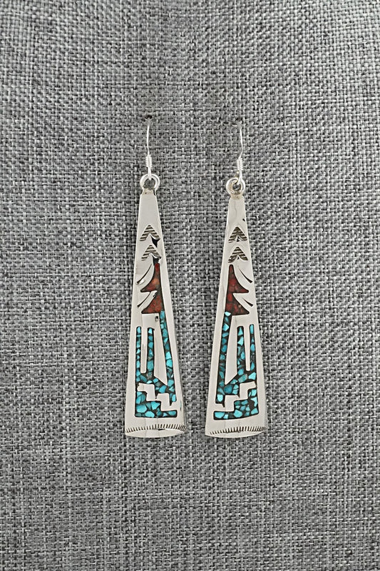 Turquoise, Coral Chip & Sterling Silver Earrings - Joleen Yazzie