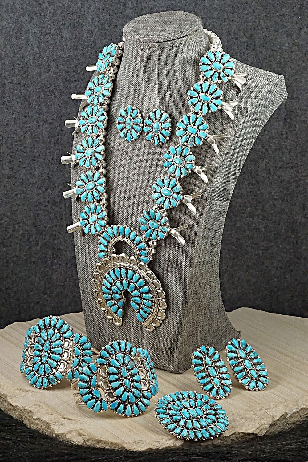 Turquoise & Sterling Silver Squash Blossom Set - Justina Wilson