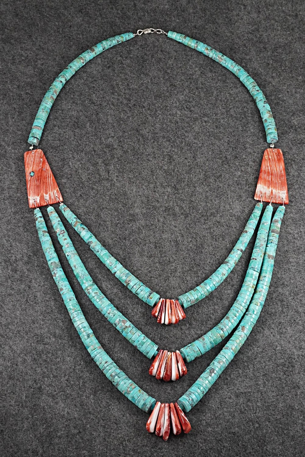 Turquoise, Spiny Oyster and Sterling Silver Necklace - Lupe Lovato