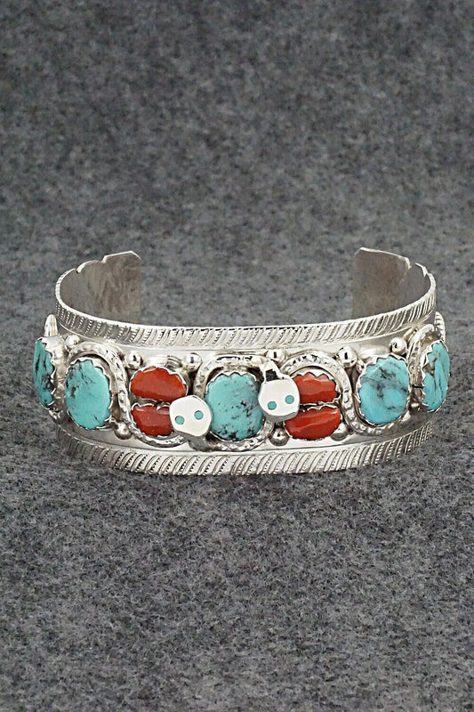 Turquoise, Coral & Sterling Silver Bracelet - Joy Calavaza