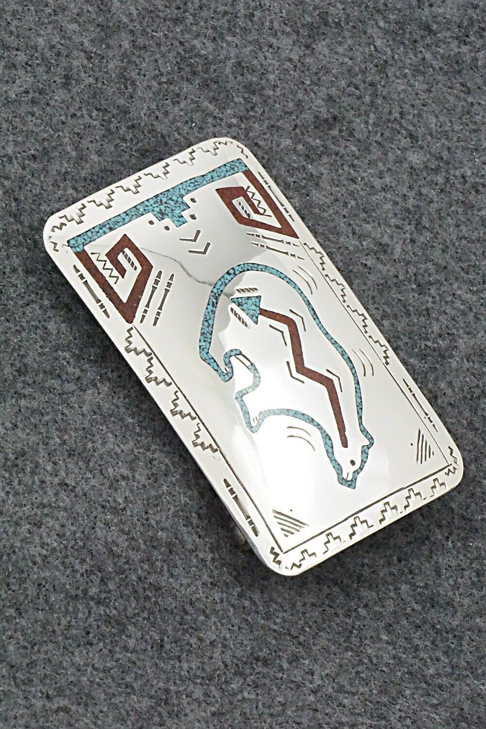 Turquoise, Coral Chip Inlay & Sterling Silver Belt Buckle - Raymond Begay