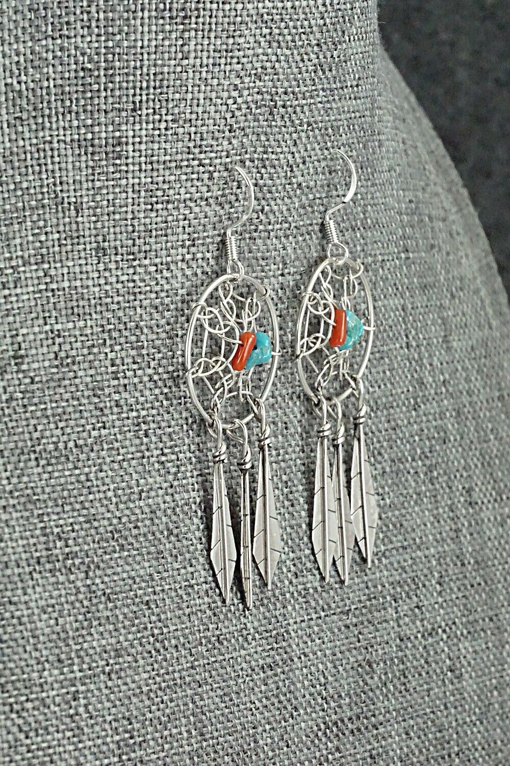 Turquoise, Coral & Sterling Silver Earrings - Lorenzo Arviso Jr.