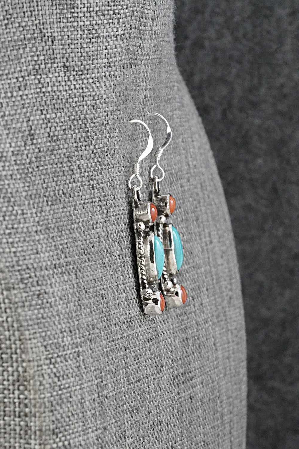 Turquoise, Coral & Sterling Silver Earrings - Verley Betone