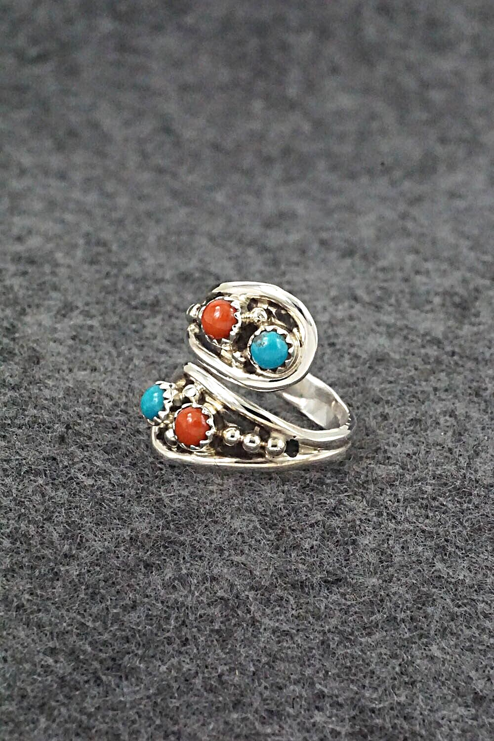 Turquoise, Coral & Sterling Silver Ring - Genevieve Francisco - Size 7