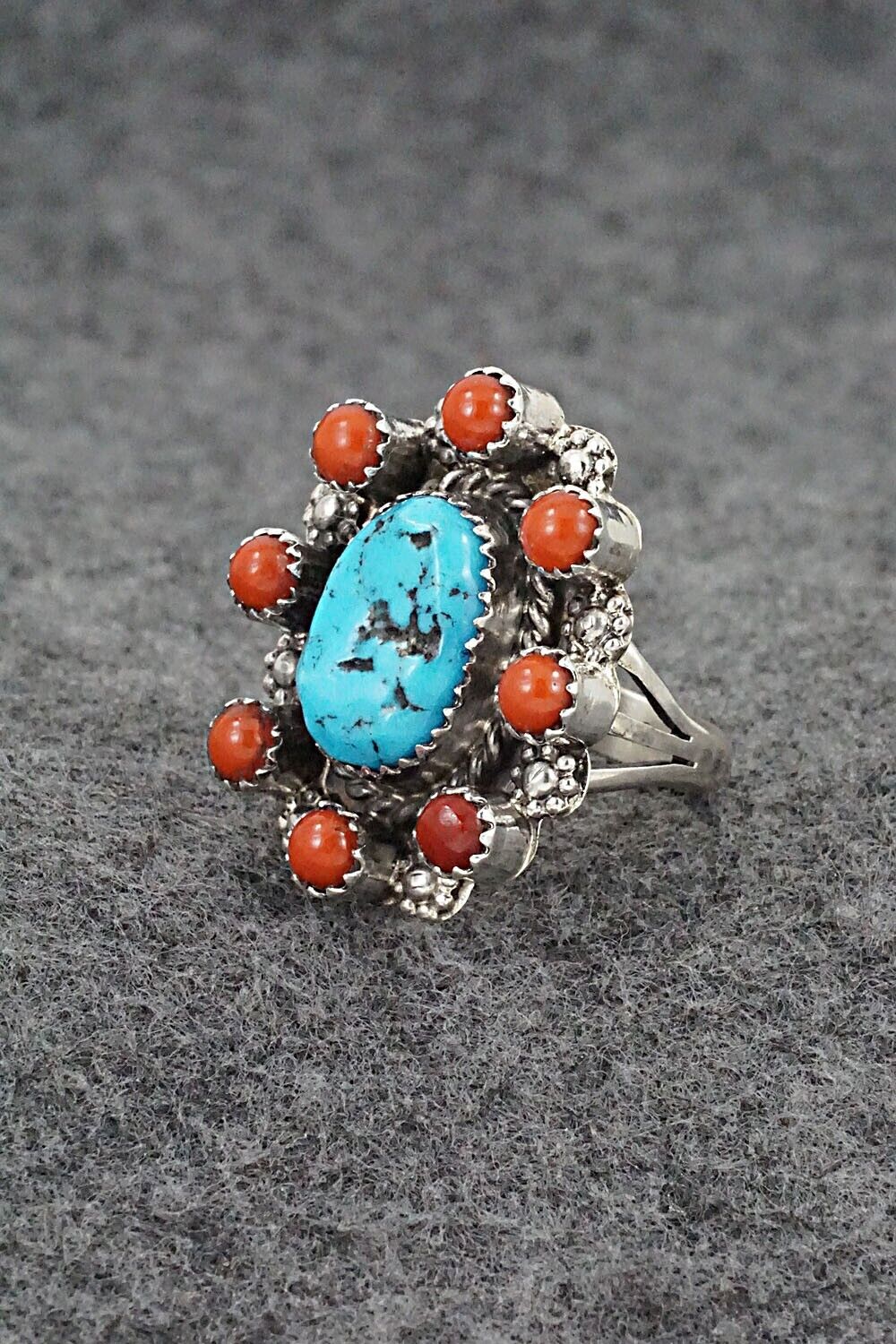 Turquoise, Coral & Sterling Silver Ring - Rene Yazzie - Size 7.5