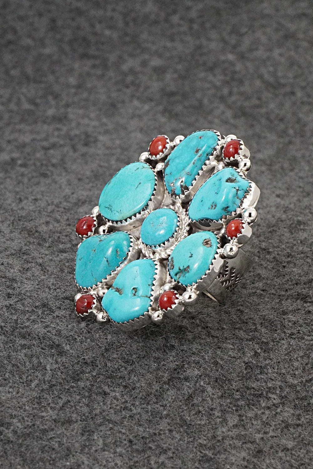 Turquoise, Coral & Sterling Silver Ring - Anthony Brown - Size 10