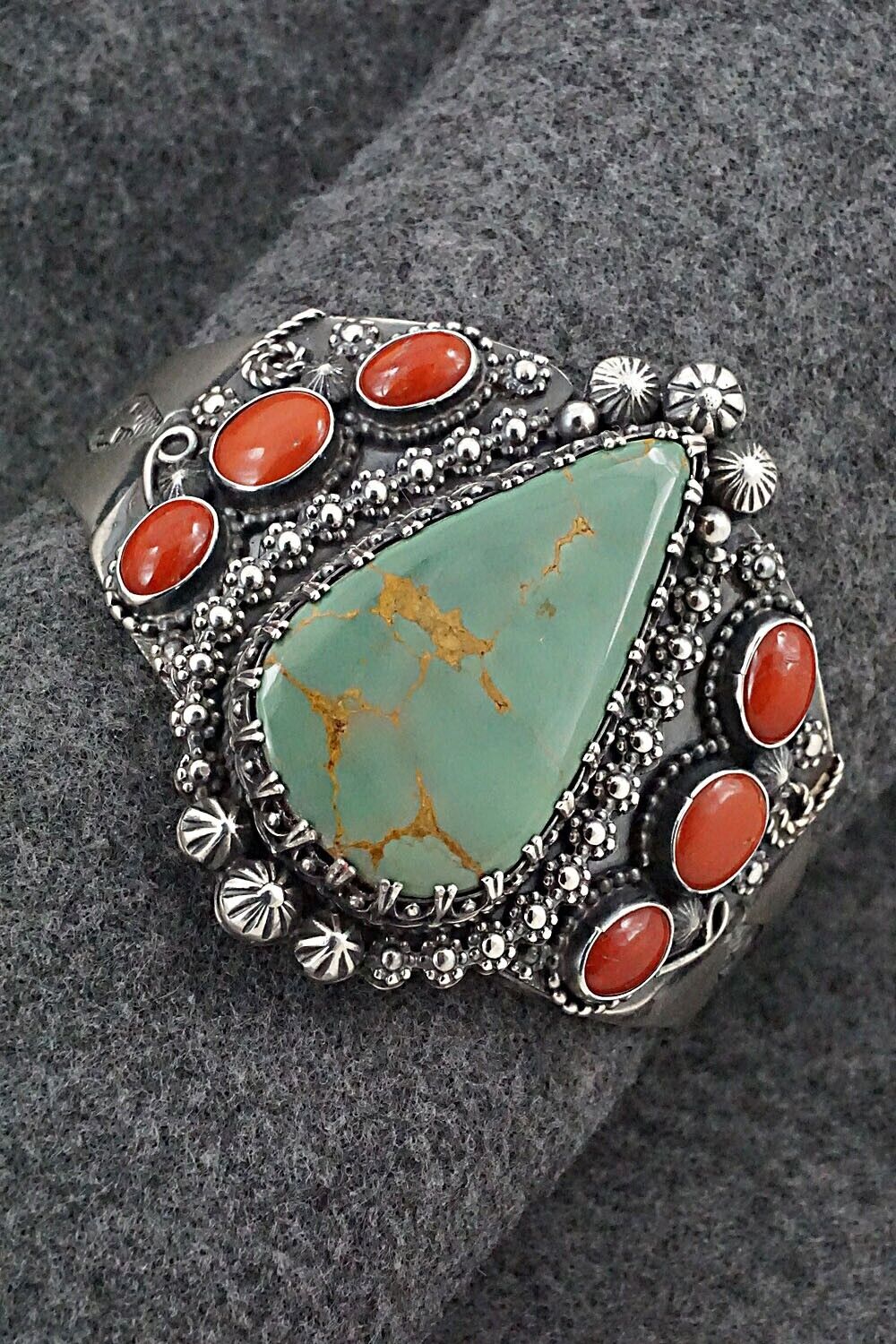 Turquoise, Coral & Sterling Silver Bracelet - Readda Begay
