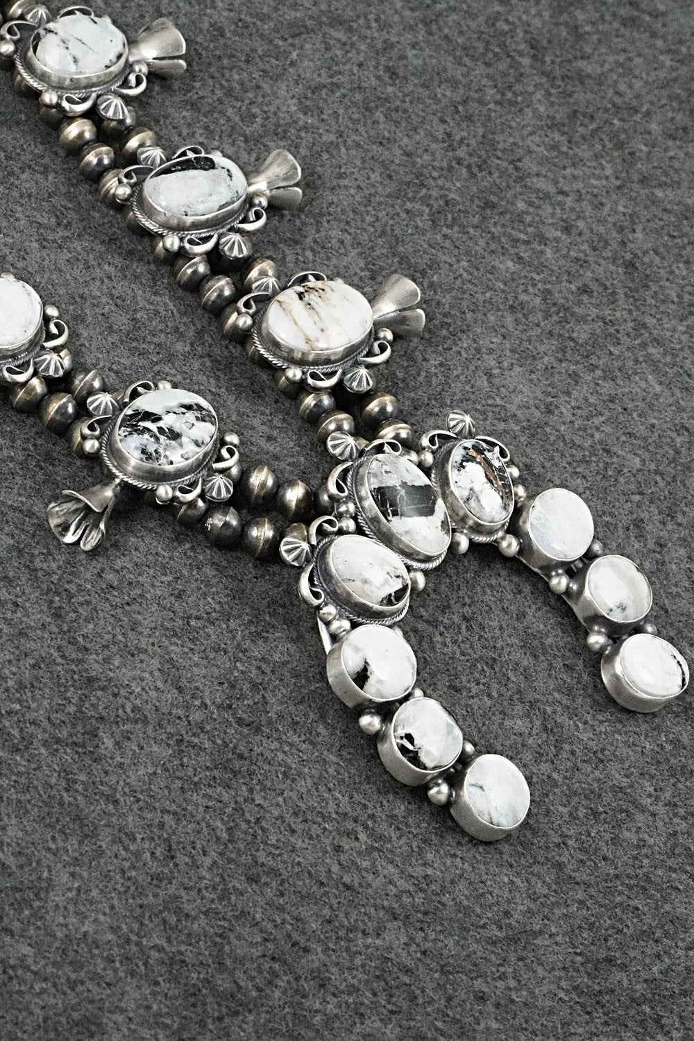 White Buffalo & Sterling Silver Squash Blossom Set - Paul Livingston