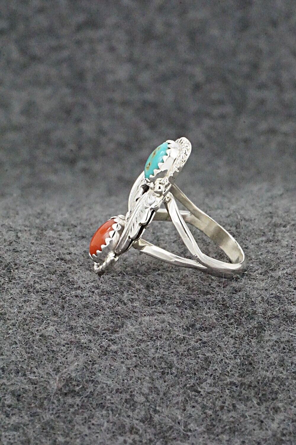 Turquoise, Coral & Sterling Silver Ring - Robert Martinez - Size 5.75