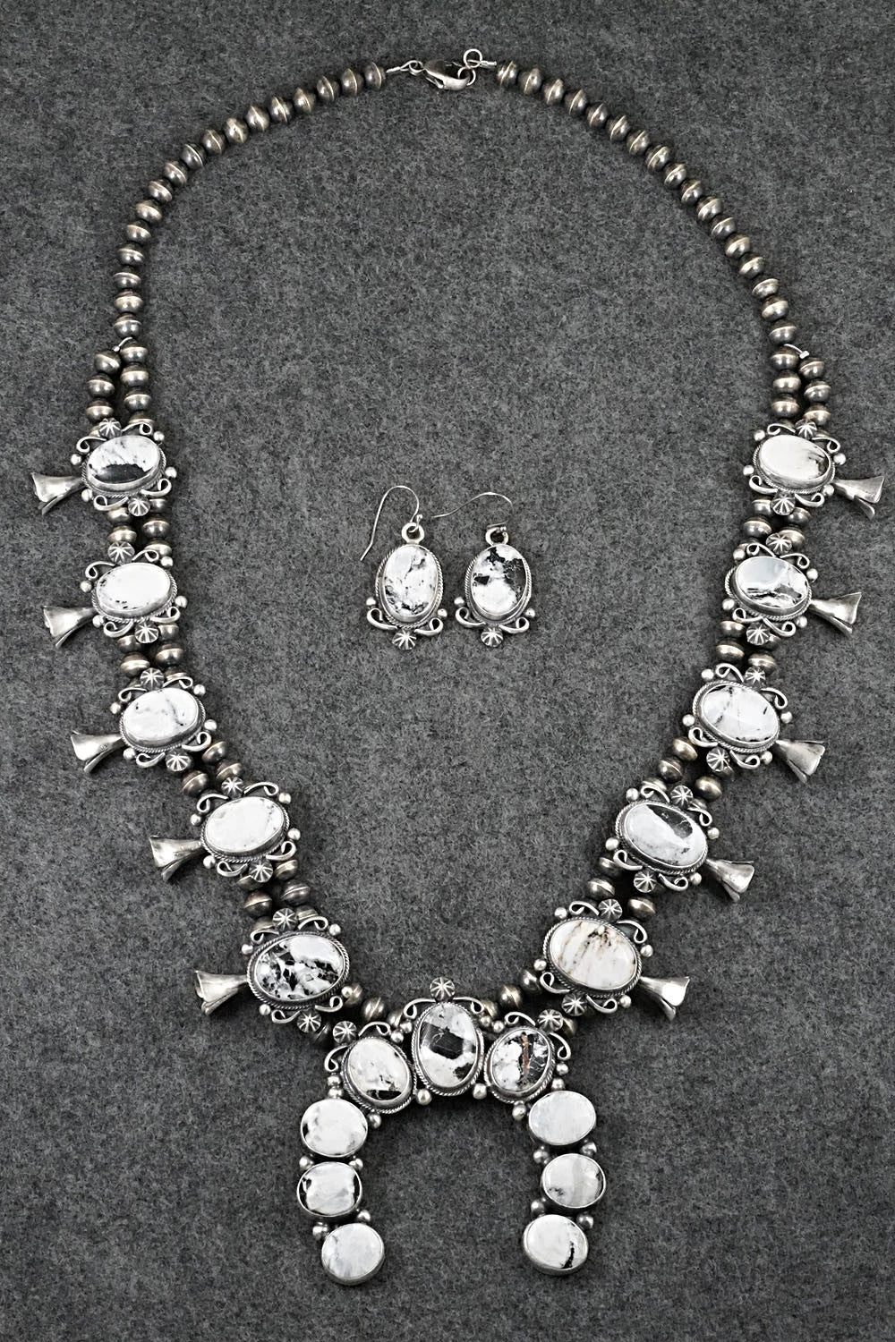 White Buffalo & Sterling Silver Squash Blossom Set - Paul Livingston