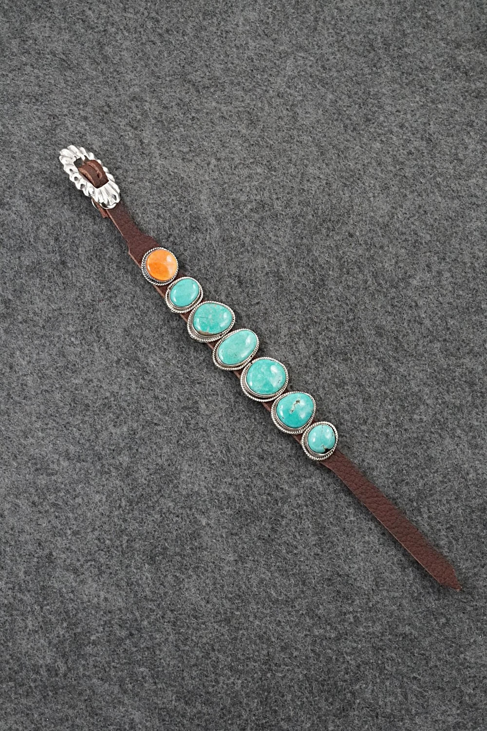 Turquoise, Spiny Oyster, Sterling Silver & Leather Bracelet - Marlene Ramone