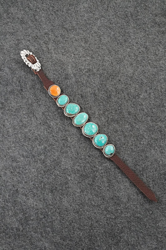 Turquoise, Spiny Oyster, Sterling Silver & Leather Bracelet - Marlene Ramone
