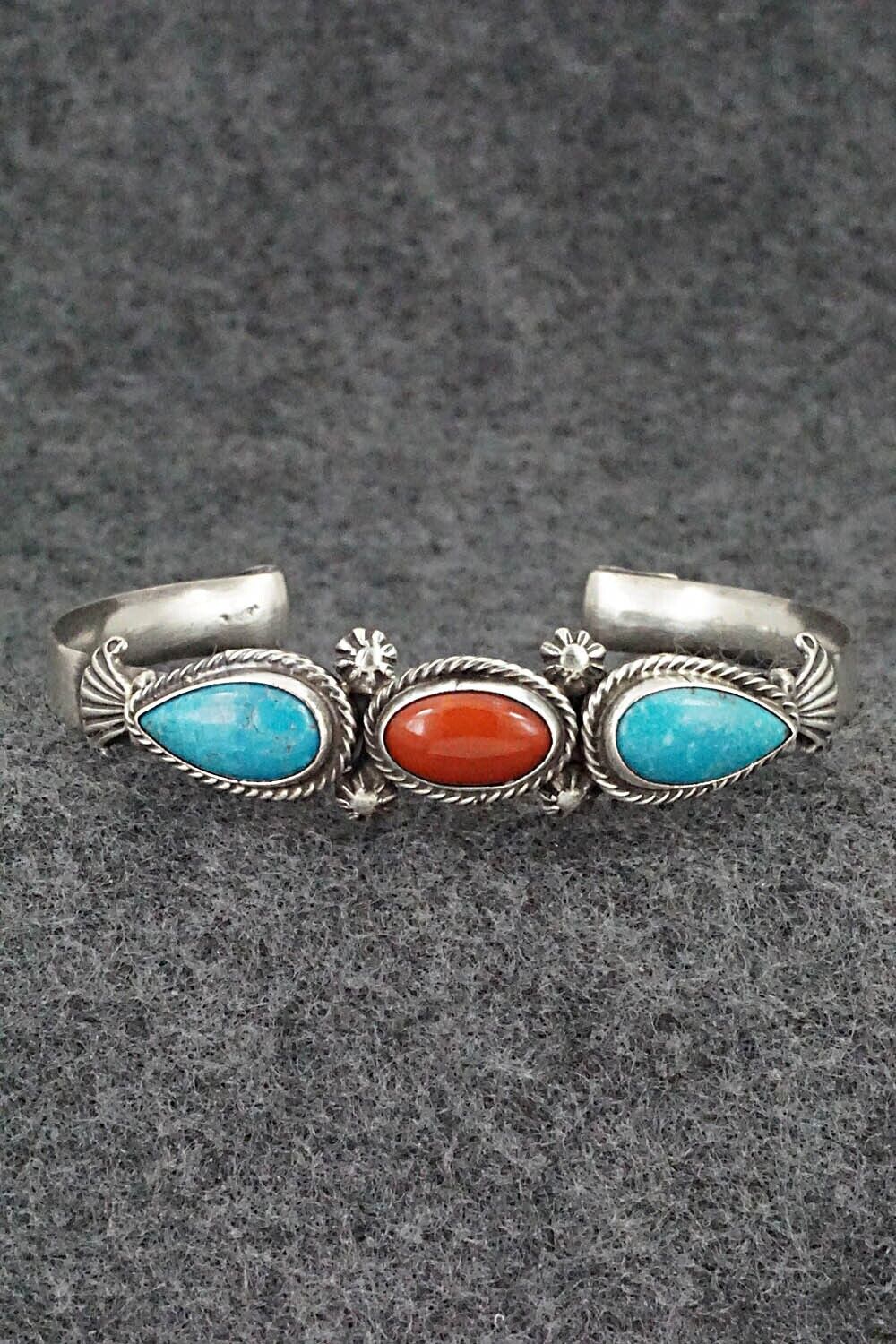 Turquoise, Coral & Sterling Silver Bracelet - Bobby Platero