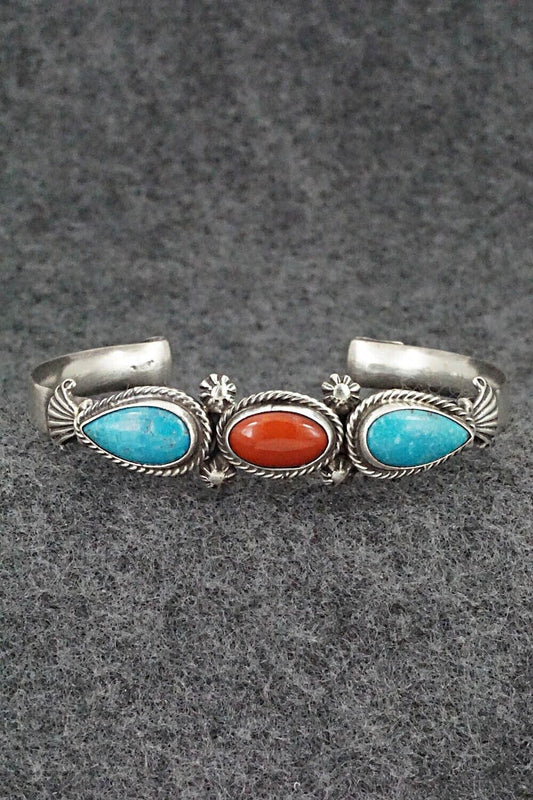 Turquoise, Coral & Sterling Silver Bracelet - Bobby Platero