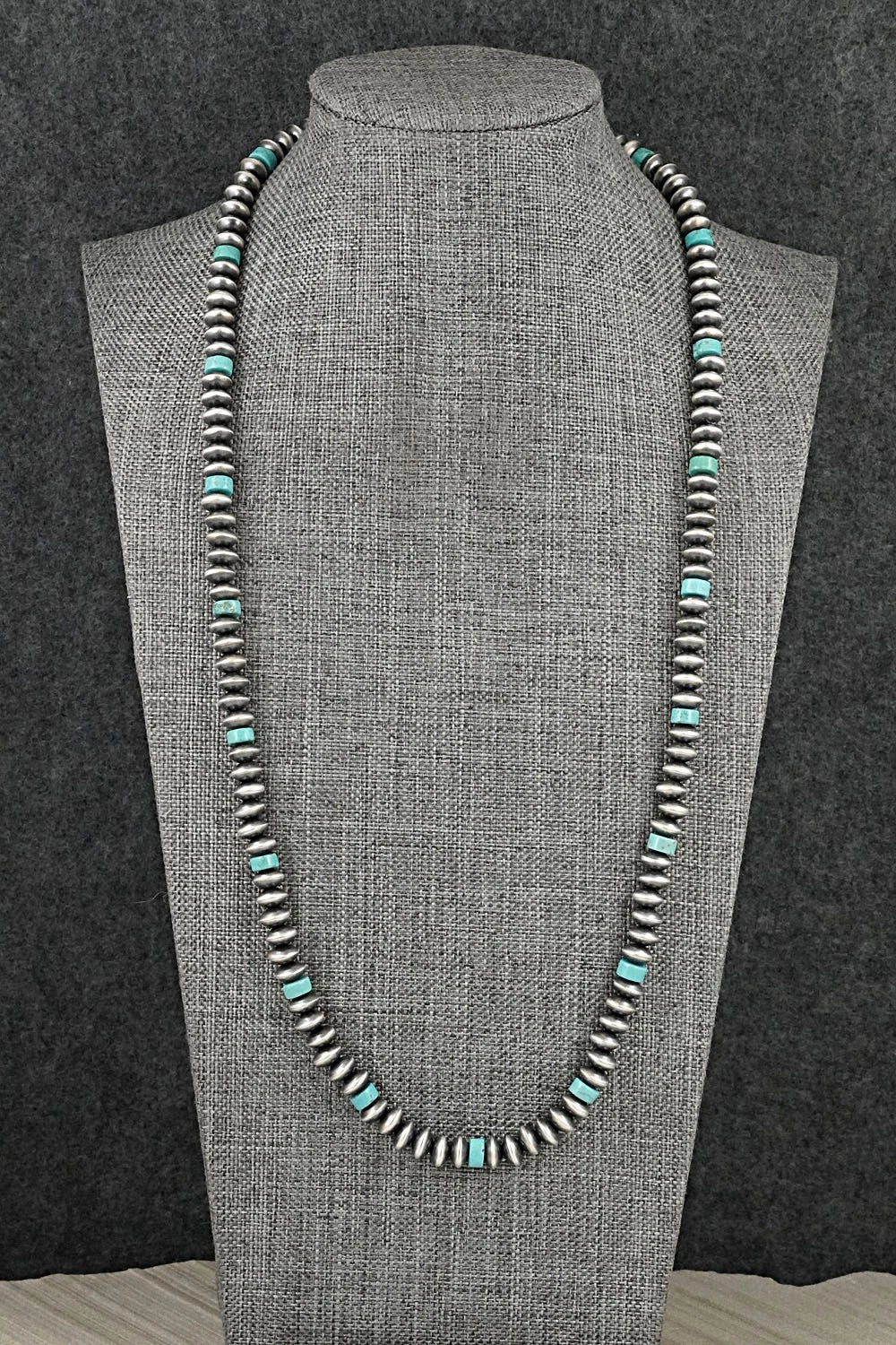 Turquoise & Sterling Silver Navajo Pearl Necklace 24" - Crystal Haley