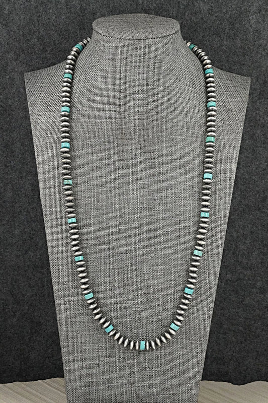 Turquoise & Sterling Silver Navajo Pearl Necklace 24" - Crystal Haley