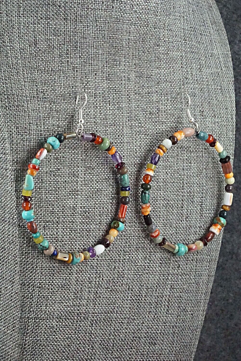 Multi Stone & Sterling Silver Hoop Earrings - Helen Tsosie