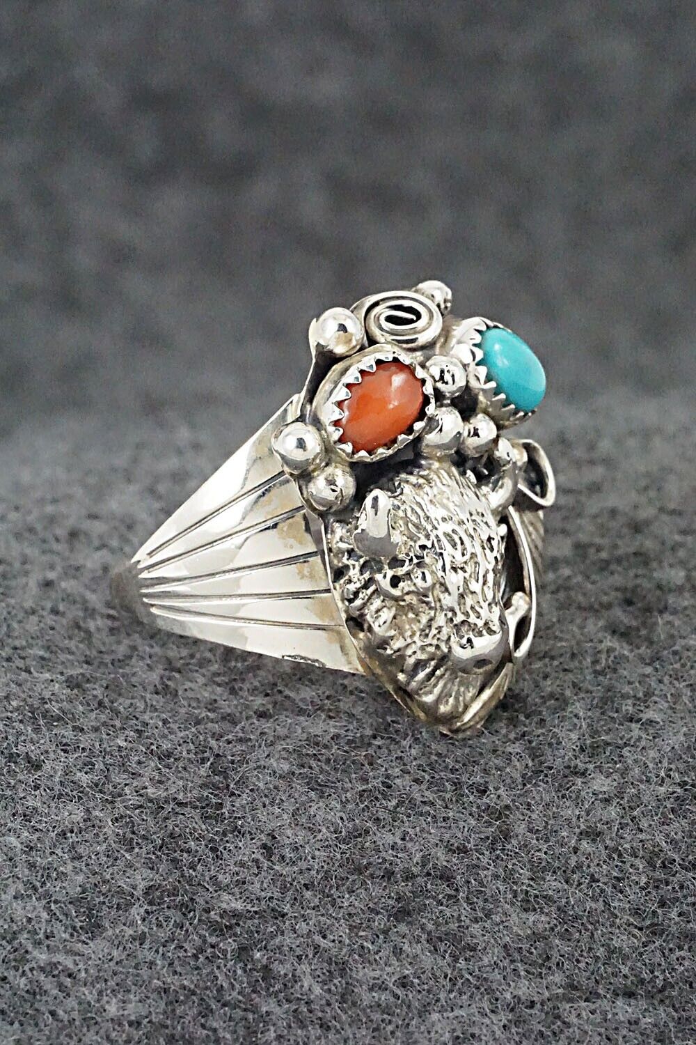Turquoise, Coral & Sterling Silver Ring - Jeannette Saunders - Size 9.75
