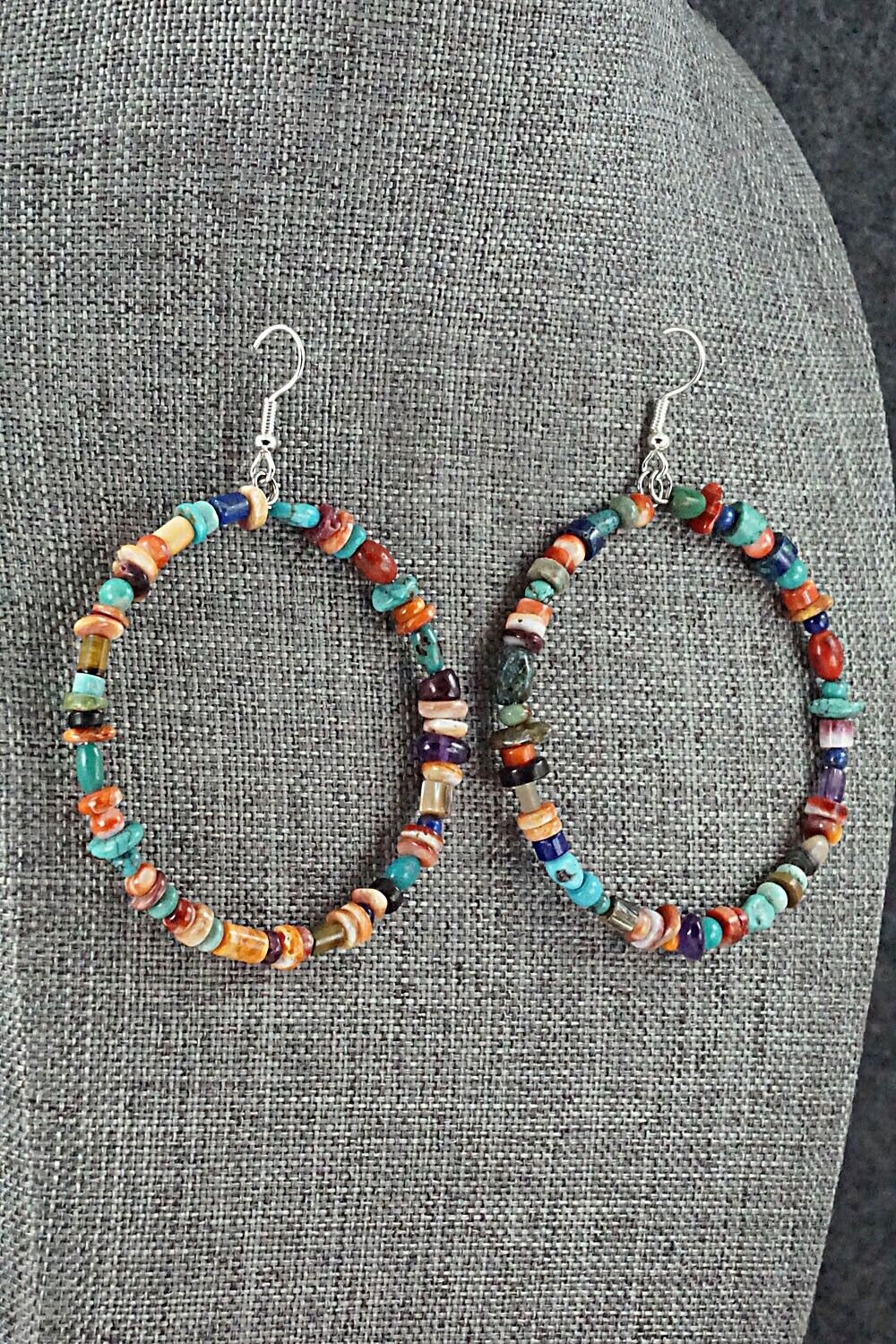 Multi Stone & Sterling Silver Hoop Earrings - Helen Tsosie