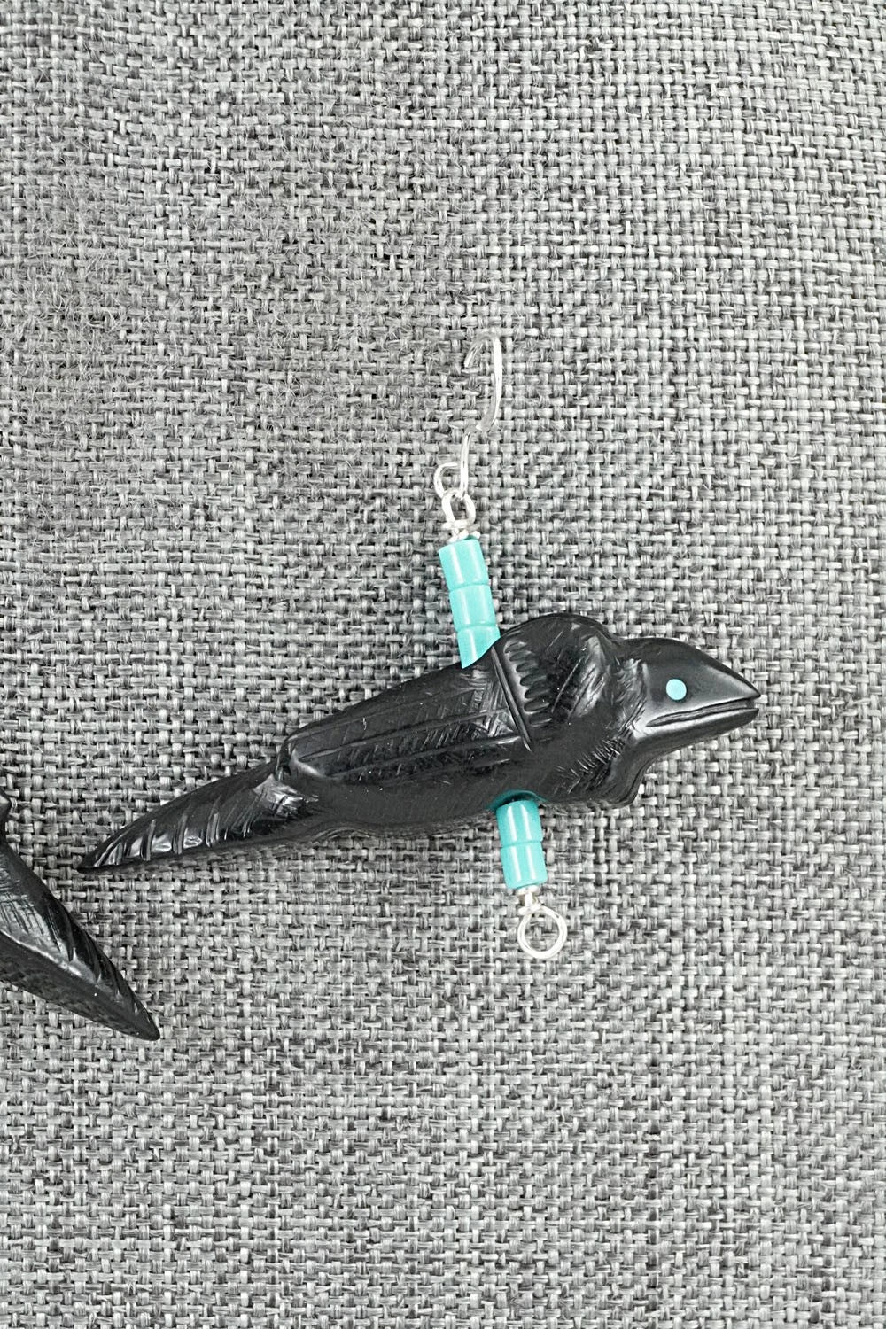 Turquoise, Jet Zuni Fetish & Sterling Silver Earrings - Herbert Halate