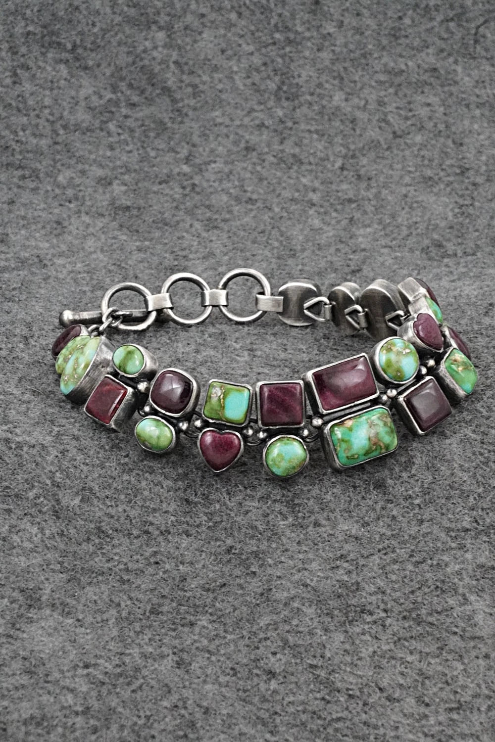 Turquoise, Spiny Oyster & Sterling Silver Link Bracelet - Loretta Delgarito