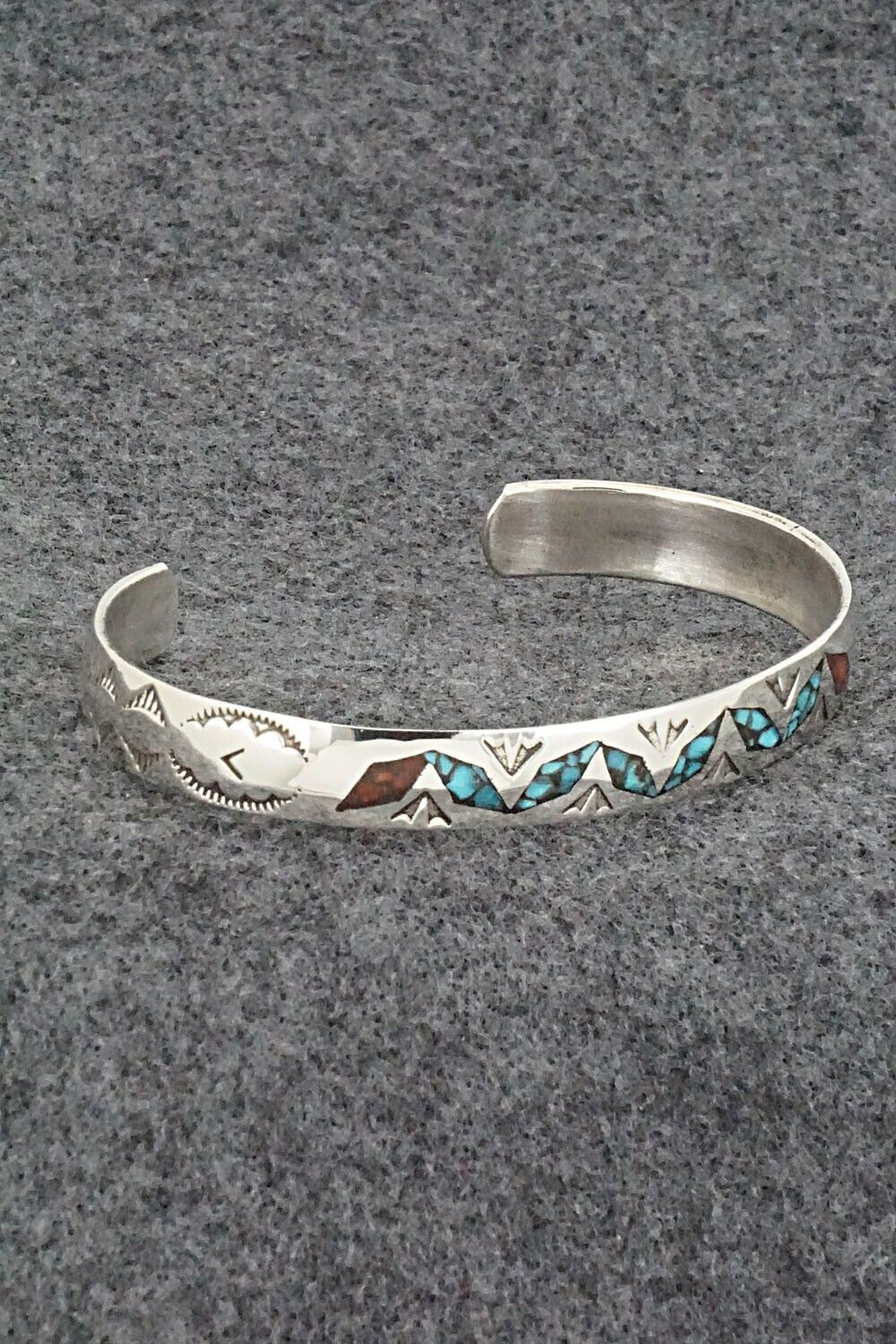 Turquoise, Coral Chip Inlay & Sterling Silver Bracelet - Joleen Yazzie