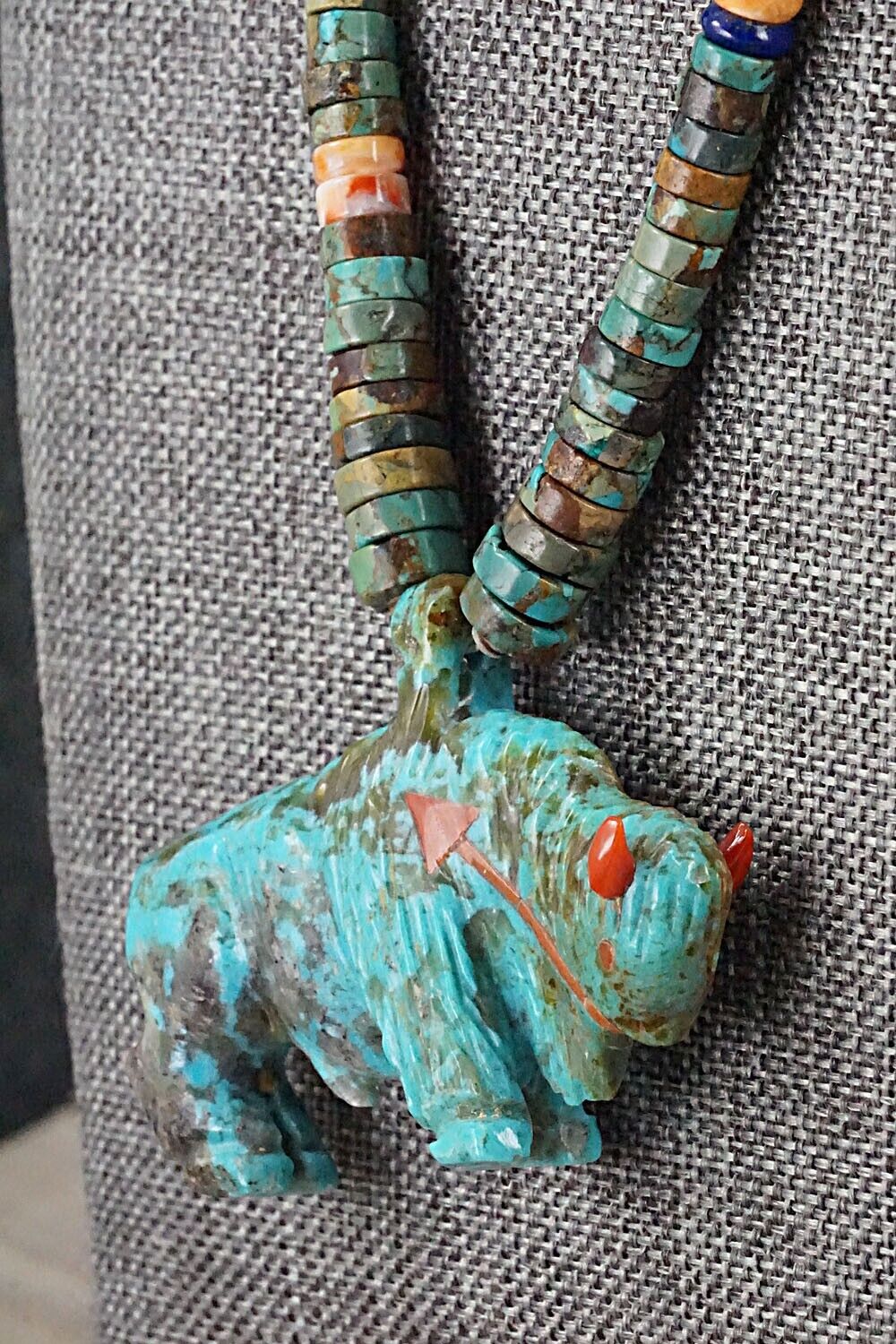 Multi Stone Buffalo Zuni Fetish Carving Beaded Necklace - Andres Quandelacy