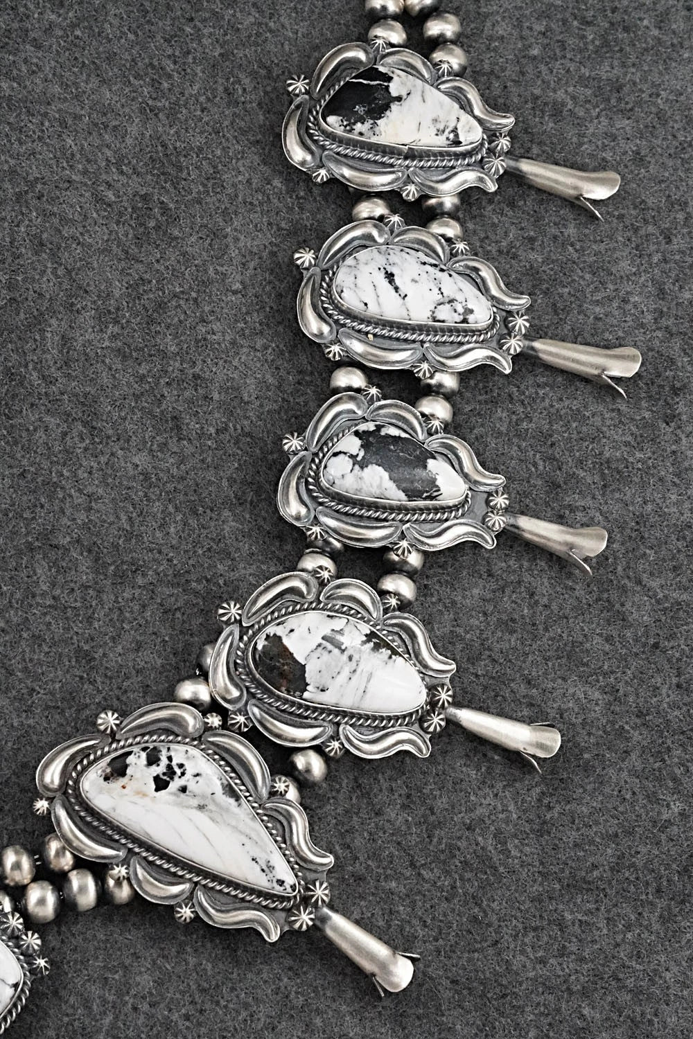White Buffalo & Sterling Silver Squash Blossom Set - Raymond Delgarito