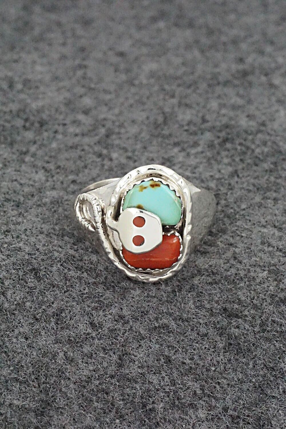 Turquoise, Coral & Sterling Silver Ring - Joy Calavaza - Size 7.5