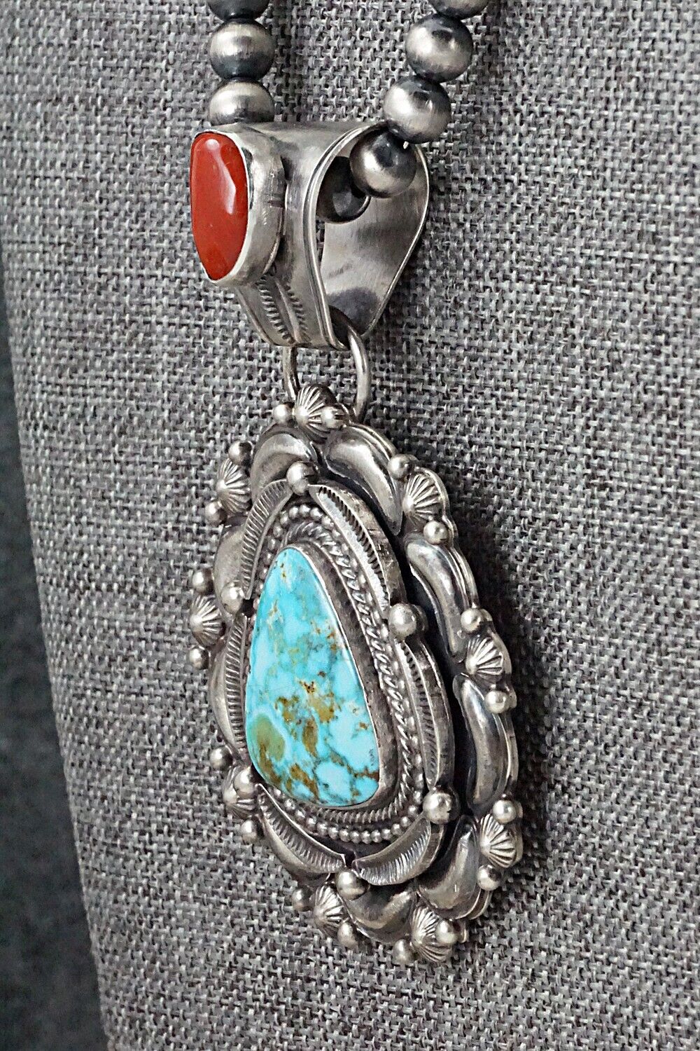 Turquoise, Coral & Sterling Silver Necklace - Tom Lewis
