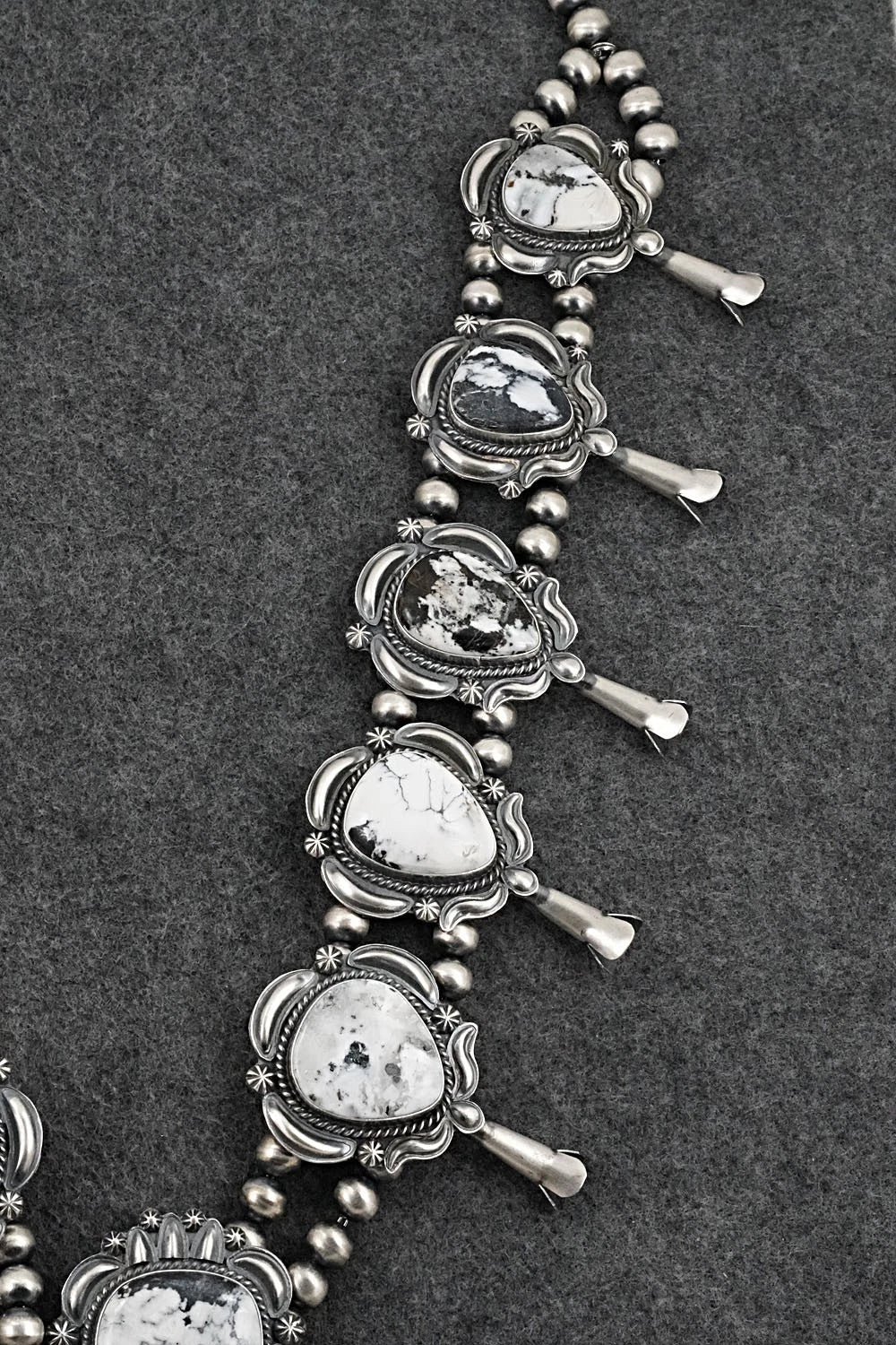 White Buffalo & Sterling Silver Squash Blossom Set - Raymond Delgarito