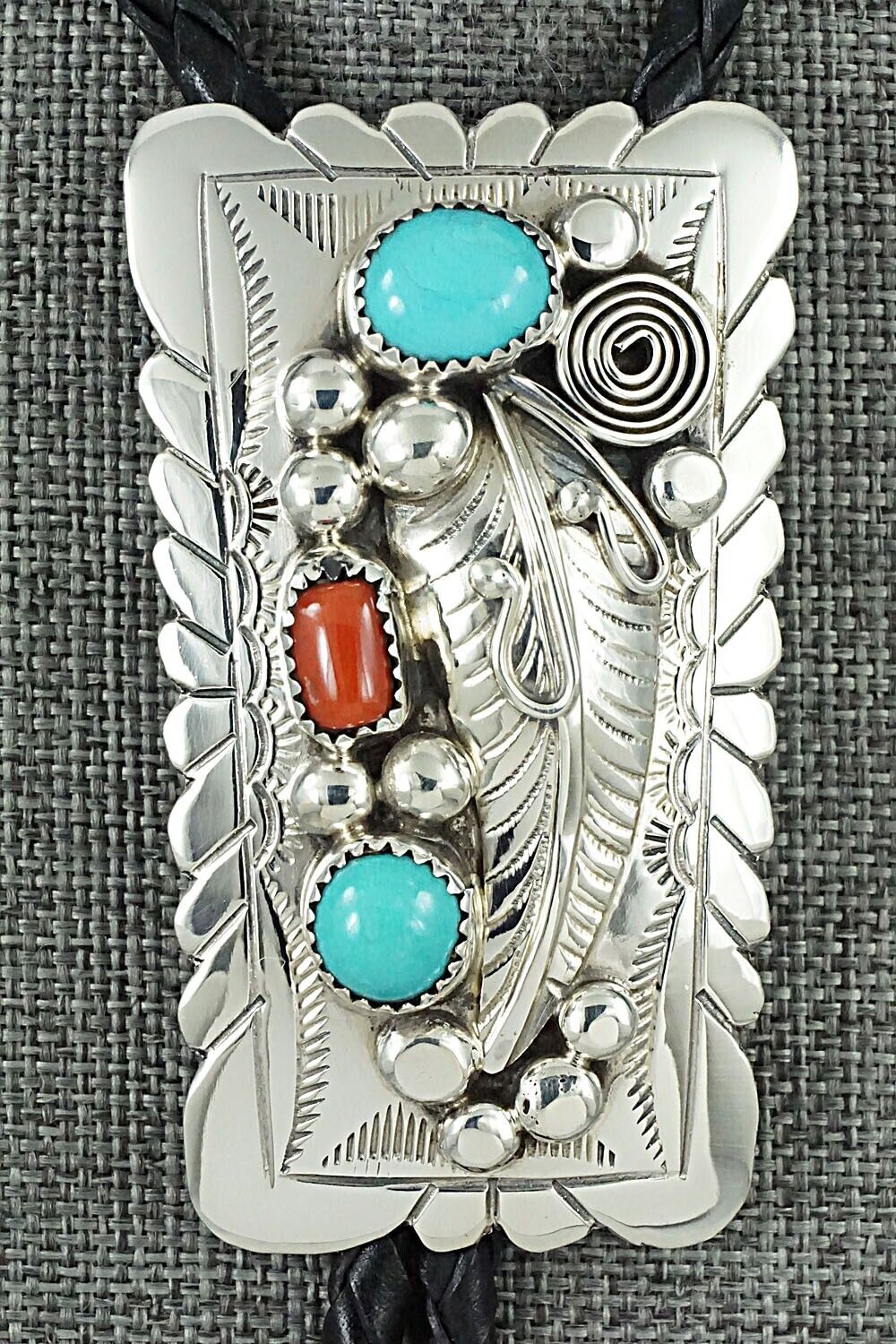 Turquoise, Coral & Sterling Silver Bolo Tie - Wilbur Myers