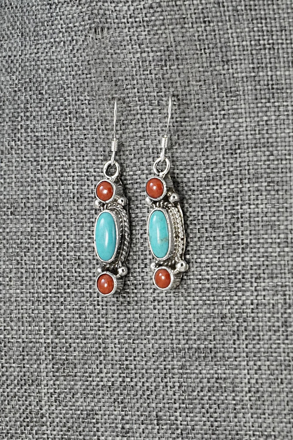 Turquoise, Coral & Sterling Silver Earrings - Verley Betone