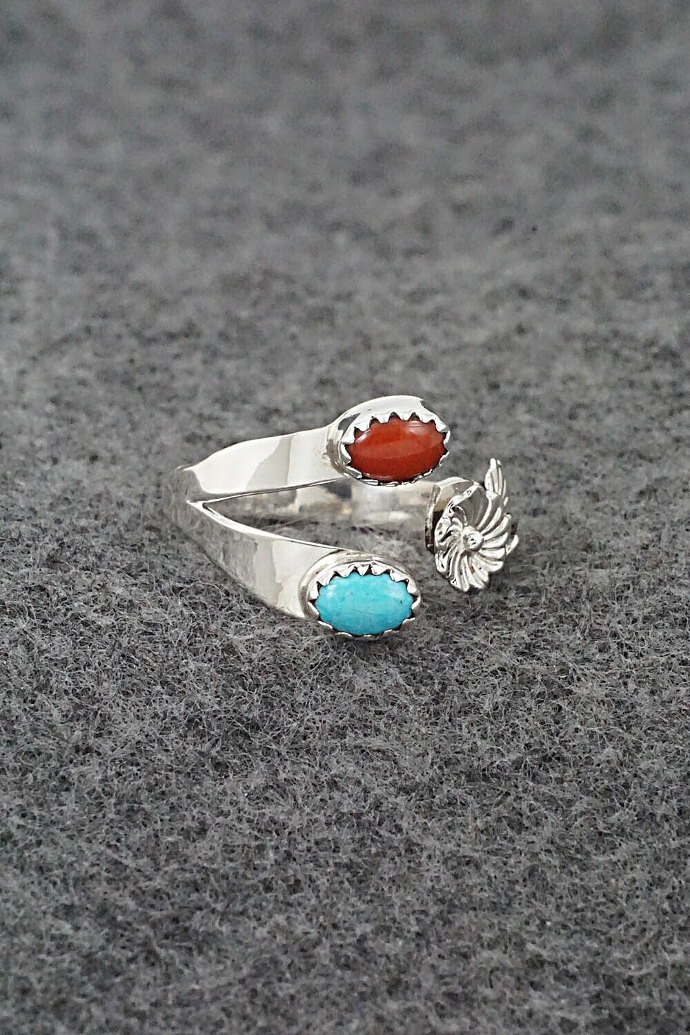 Turquoise, Coral & Sterling Silver Ring - Robert Martinez - Size 7