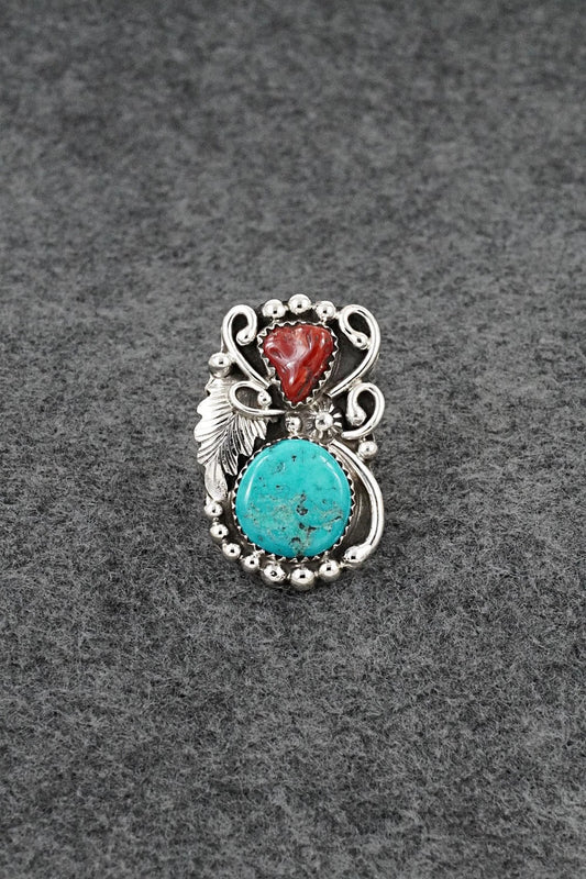 Turquoise, Coral & Sterling Silver Ring - Herbert Begaye - Size 7