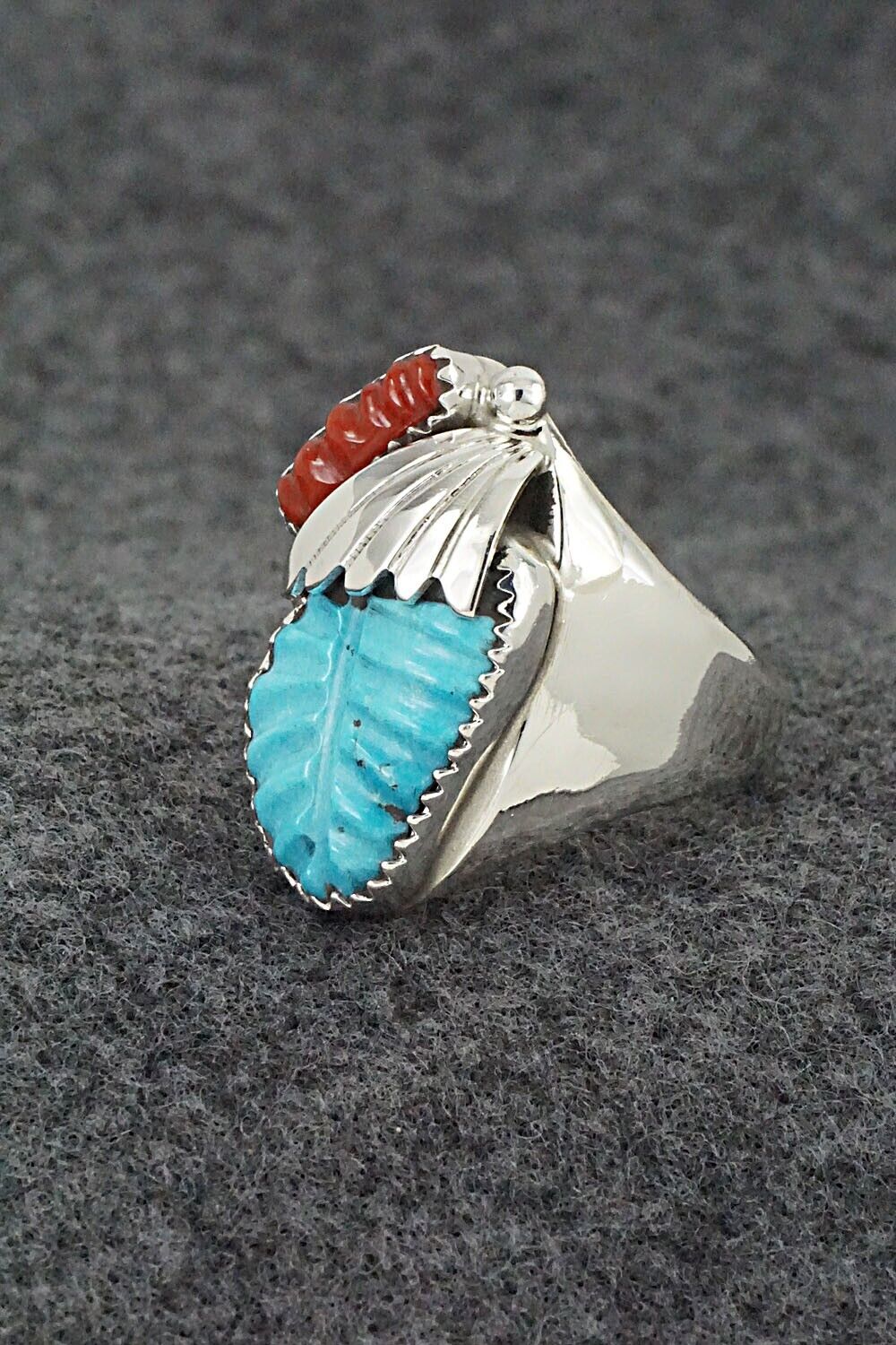 Coral, Turquoise & Sterling Silver Ring - Lyolita Tsattie - Size 9.5