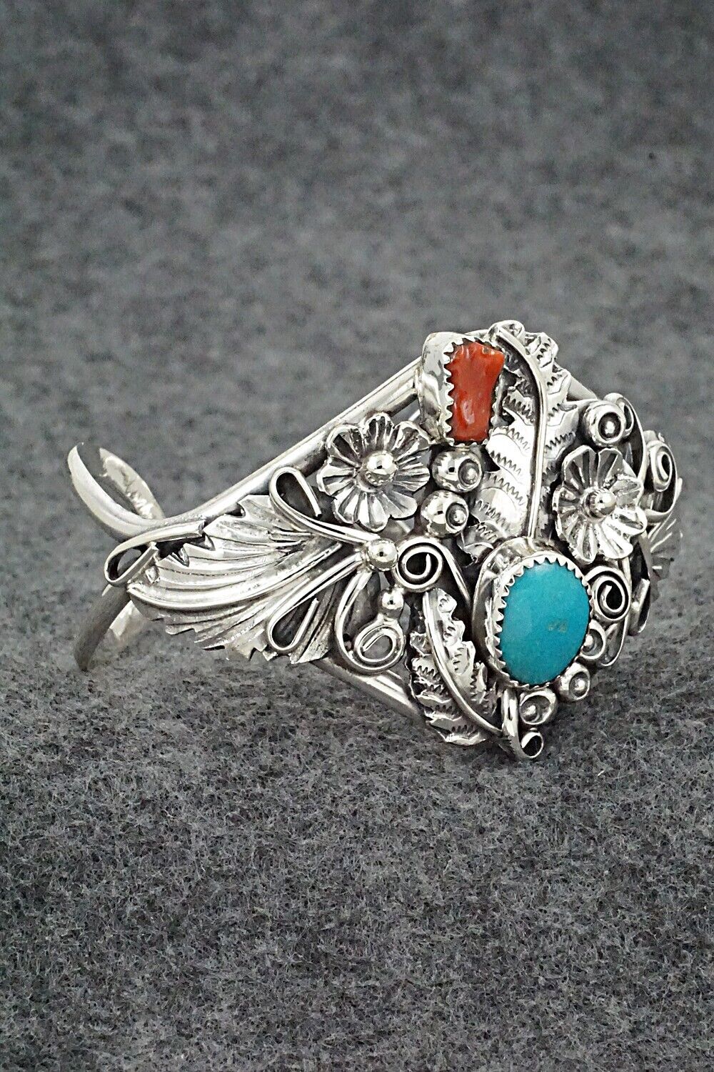 Turquoise, Coral & Sterling Silver Bracelet - Harry Yazzie