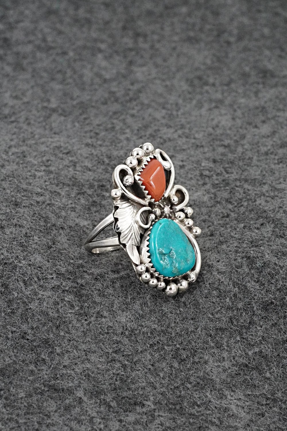 Turquoise, Coral & Sterling Silver Ring - Herbert Begaye - Size 8